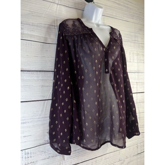 Bila Top Women XXL Burgundy Sheer Popover V Neck Long Sleeve Beaded Embroidered - Picture 2 of 14